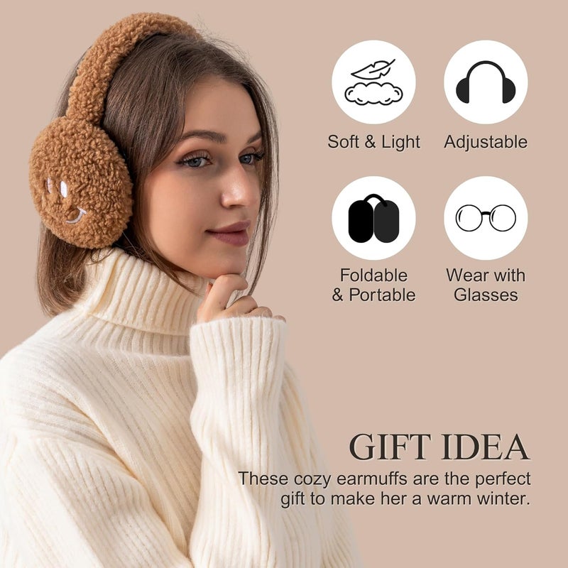 F Flammi Ear Muffs for Winter Women, Adjustable Head Band Fuzzy Faux Fur Earmuffs Foldable Ear Warmer Girl Soft Smiley Face - Image 2